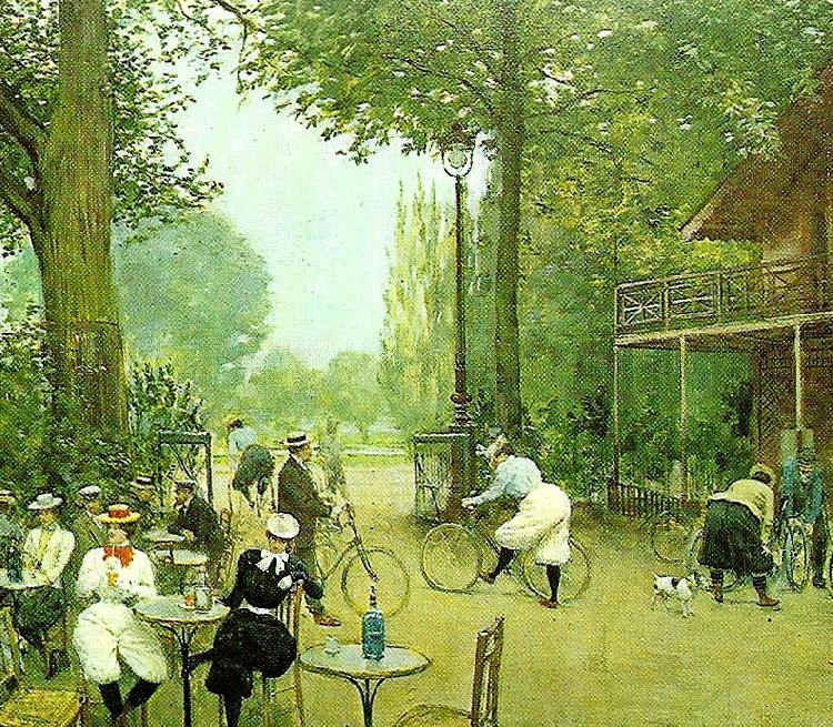 Jean Beraud the cycle hut in the bois de boulogne, c. oil painting picture